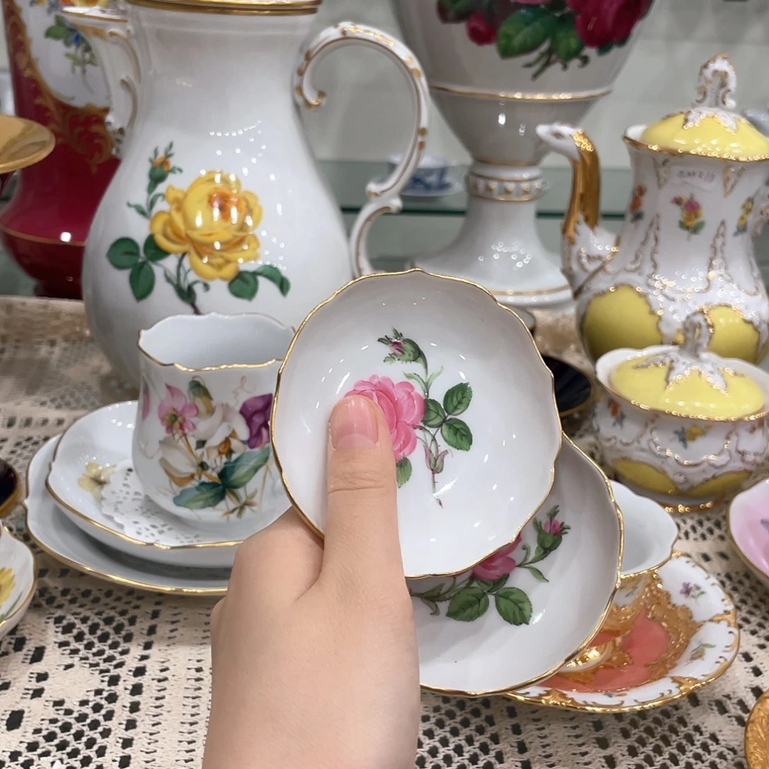 摆件中古二等红玫瑰小碟一对