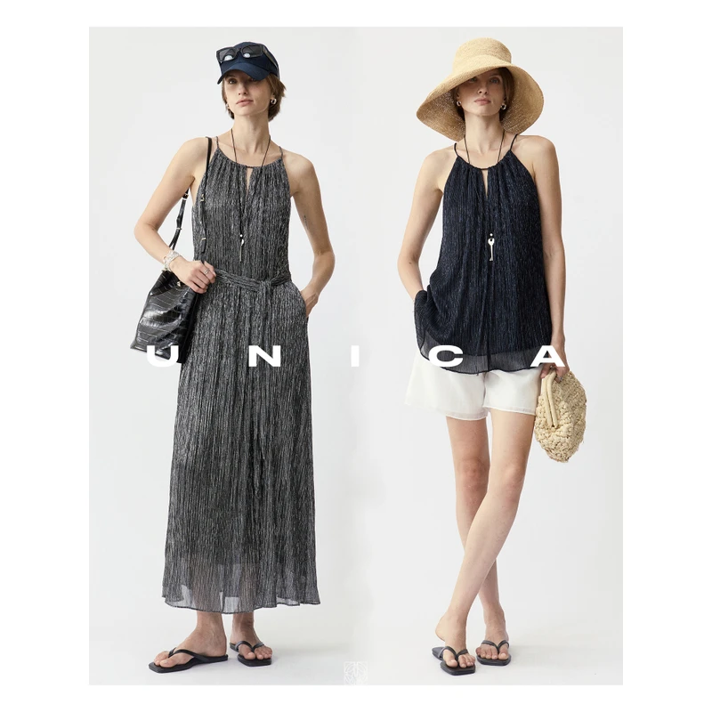 UNICA/星夜璀璨流光_韩国进口压褶显瘦挂脖吊带长款连衣裙