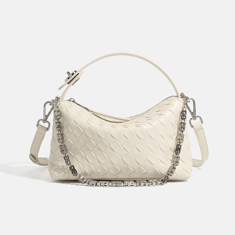 时尚休闲编织菱格手提斜跨包（24018）百搭单肩通勤小众白色牛皮