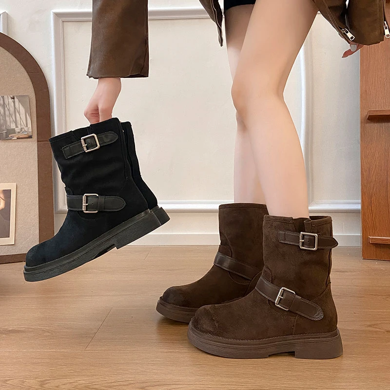 厚底皮带扣勃肯短靴女2025秋冬新款高级感复古牛仔靴子堆堆马丁靴