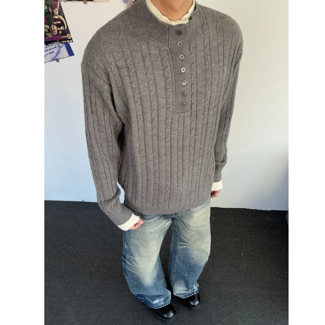 新贵老钱风假两件保暖麻花亨利领毛衣男女慵懒宽松套头针织衫