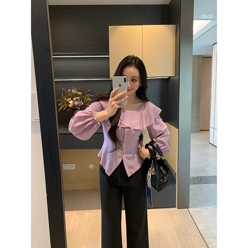 XINYI【紫雾絮语】秋季重磅荷叶领衬衫女显瘦百搭衬衣X625C13838