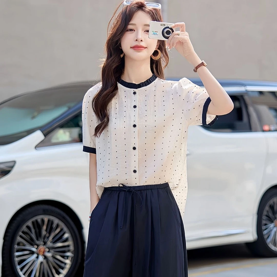 法式复古波点短袖衬衫女士夏季2025新款宽松时尚圆领上衣遮肚小衫