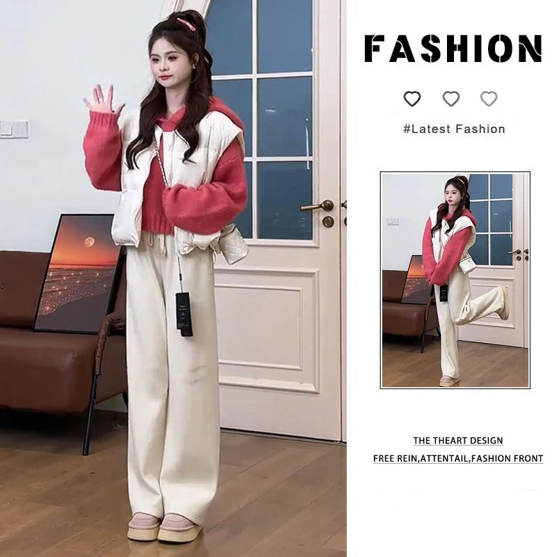 2025年秋冬新款韩系时髦减龄针织开衫百搭棉服马甲高腰阔腿裤套装