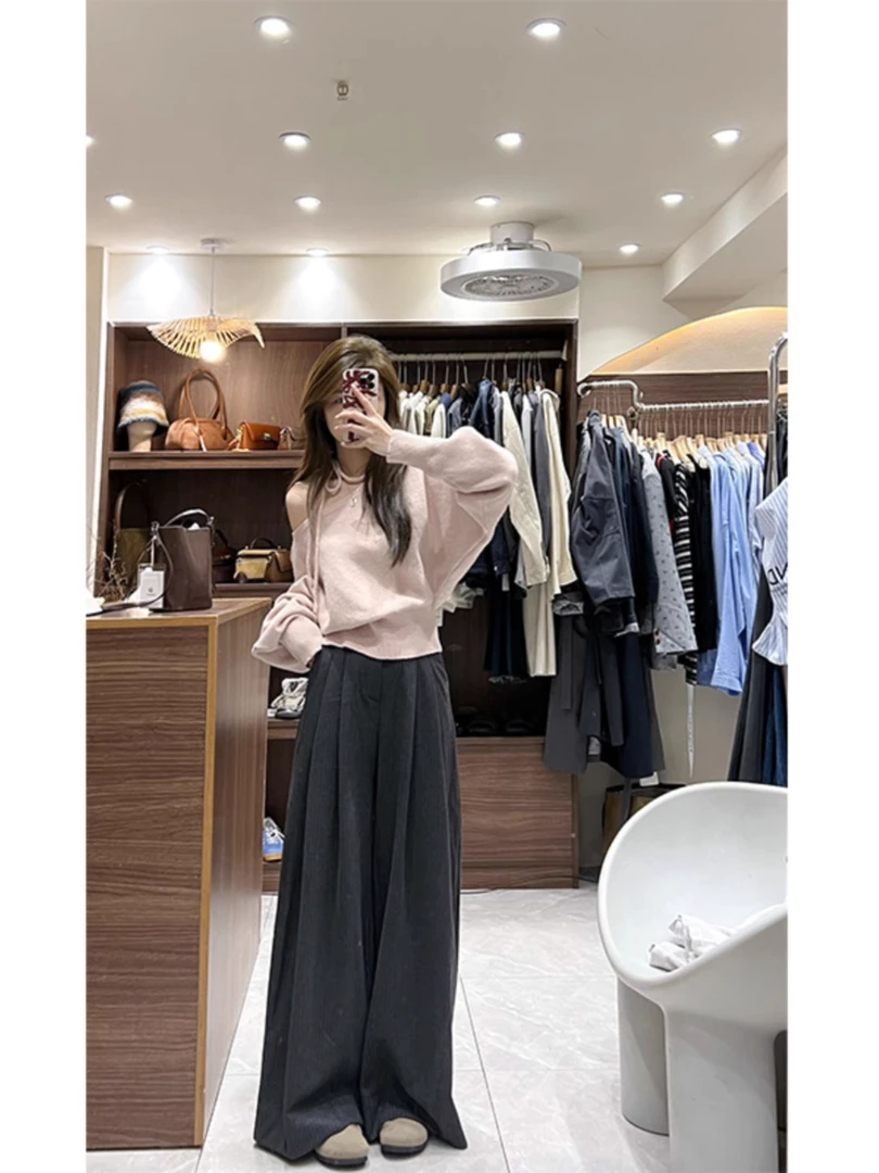 2025早秋新款韩系高级感粉色斜肩毛衣女休闲宽松高腰阔腿裤两件套