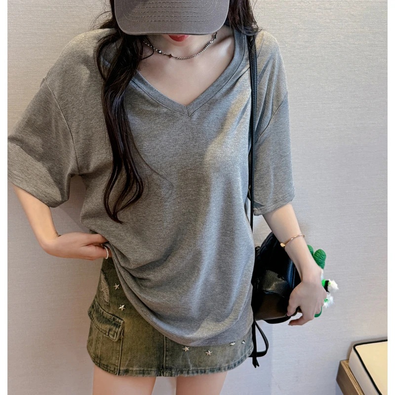 现货欧货大版型宽松基础款短袖t恤女式夏季落肩2025V领上衣莫代尔