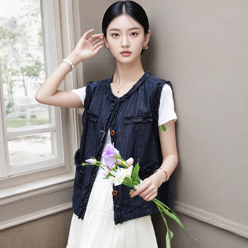 2025新款高级感韩系木耳边叠穿无袖牛仔马甲时髦洋气质背心外套女