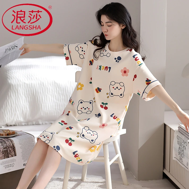 LangSha/浪莎纯棉睡裙女夏季薄款短袖卡通家居服全棉中长款睡衣裙