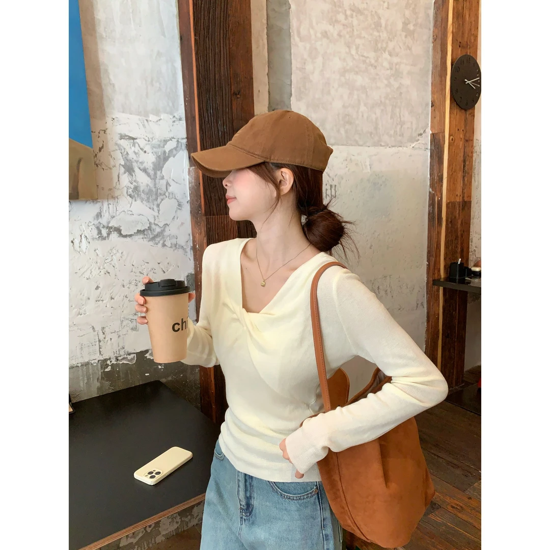 韩系ins简约基础V领扭结设计感针织衫百搭显瘦通勤收腰显瘦打底衫