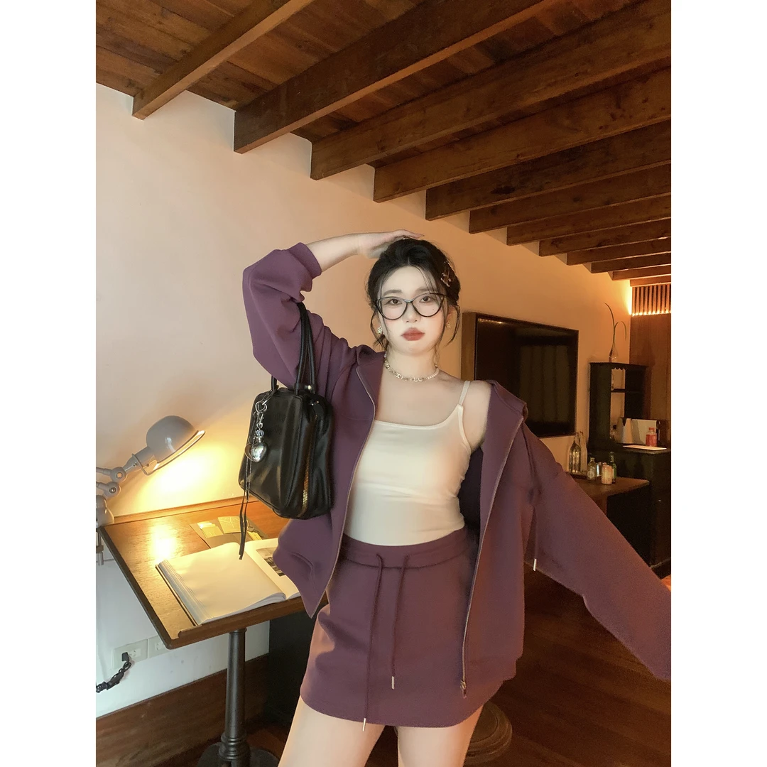 M5T6微胖定制 葡萄气泡水/空气层紫色显白连帽卫衣外套短裙套装