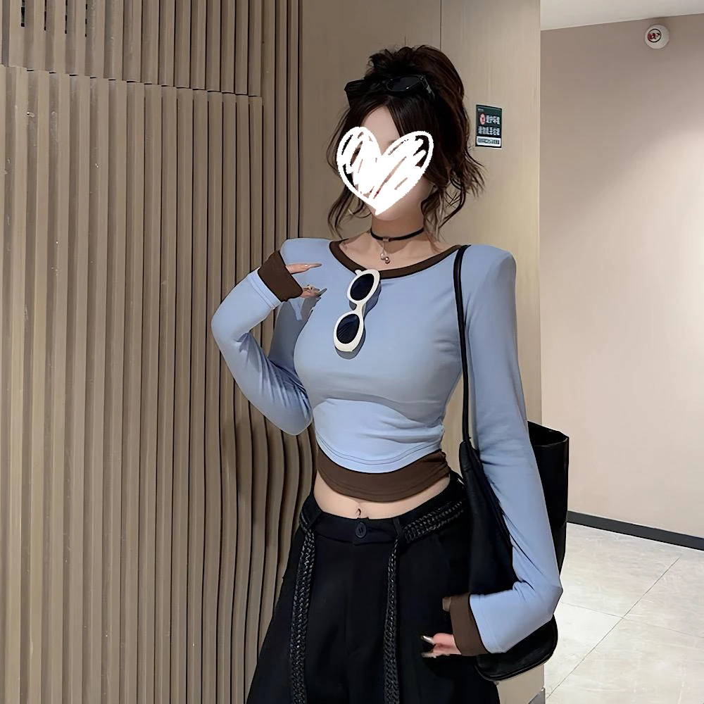 美式辣妹打底衫女2025早秋新款韩版时尚设计感拼接撞色圆领上衣潮