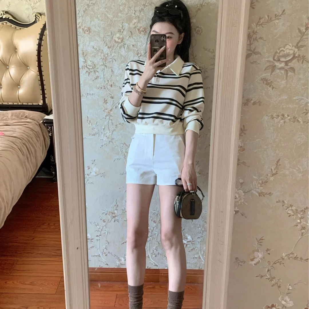 美式休闲polo领条纹长袖T恤女2025年秋季新款慵懒小个子显瘦上衣
