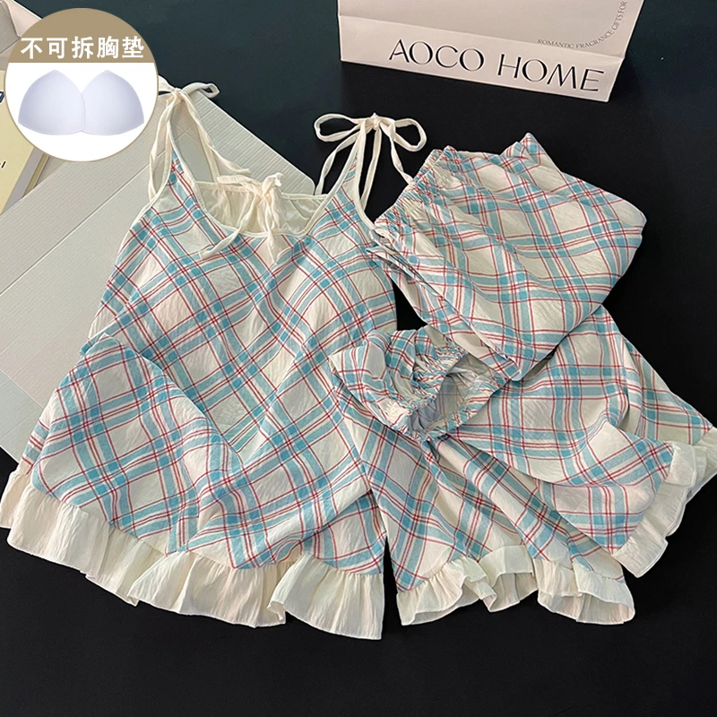 蓝色格子睡衣女新款夏季带胸垫吊带短裤甜美简约宽松家居服三件套
