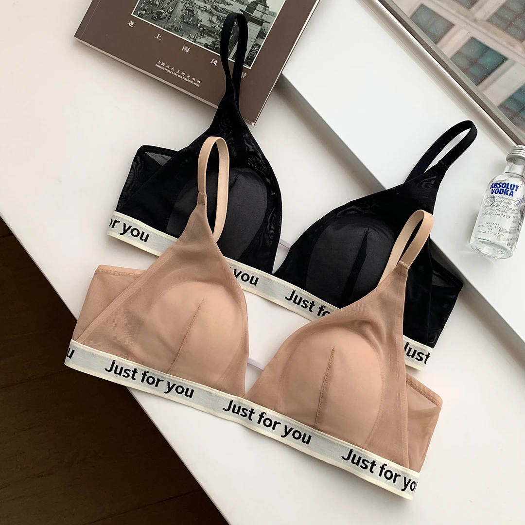 提未苏法式超薄性感网纱字母内衣女大胸显小透气防下垂收副乳文胸