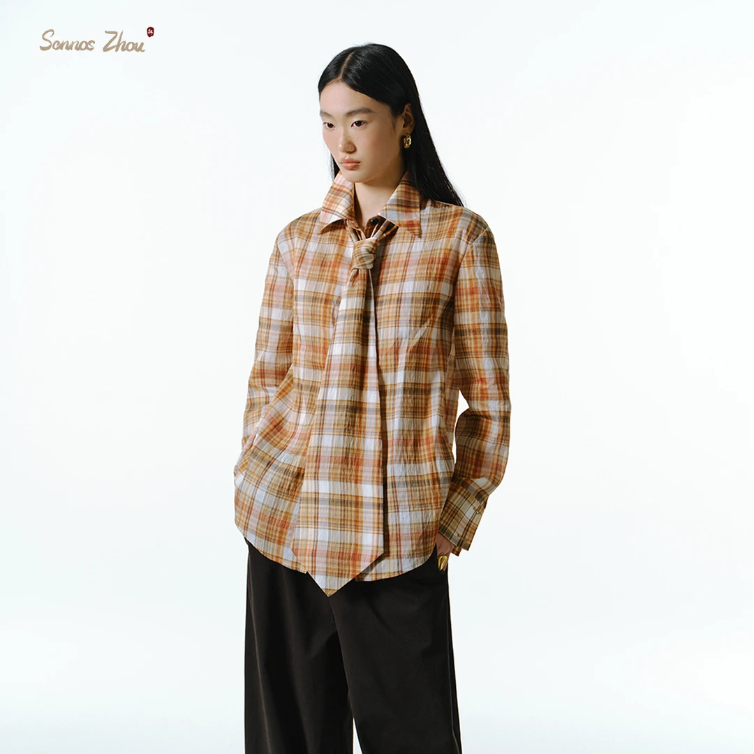 【Sennos Zhou】牧昏朝歌格纹领带正肩衬衫 Y58009