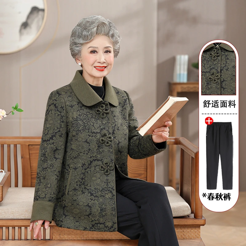 老年人春装女奶奶装新款外套60岁70老太太春秋妈妈翻领长袖上衣服