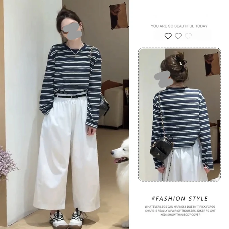 韩系圆领条纹长袖T恤女秋季新款2025巨好看小个子慵懒松弛感上衣