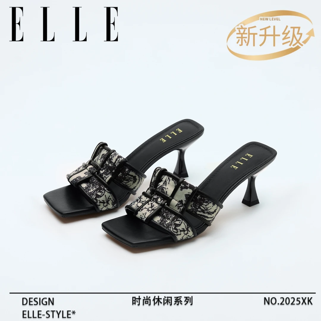 ELLE黑色女士凉鞋女款2025新款拖鞋女夏高跟鞋外穿凉拖新中式鞋子