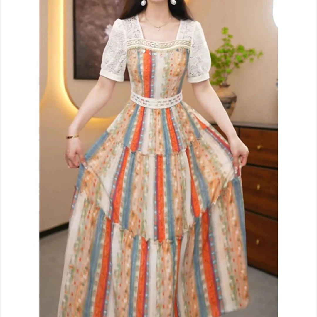 高级珍珠纱气质简约端庄优雅连衣裙2025夏新款修身显瘦假俩件裙子