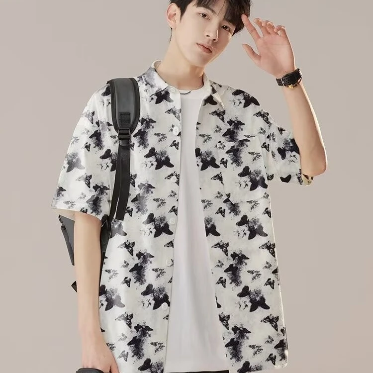冰丝高级感2024夏季蝴蝶国风痞帅韩版宽松潮流帅气衬衫衬衣男薄款
