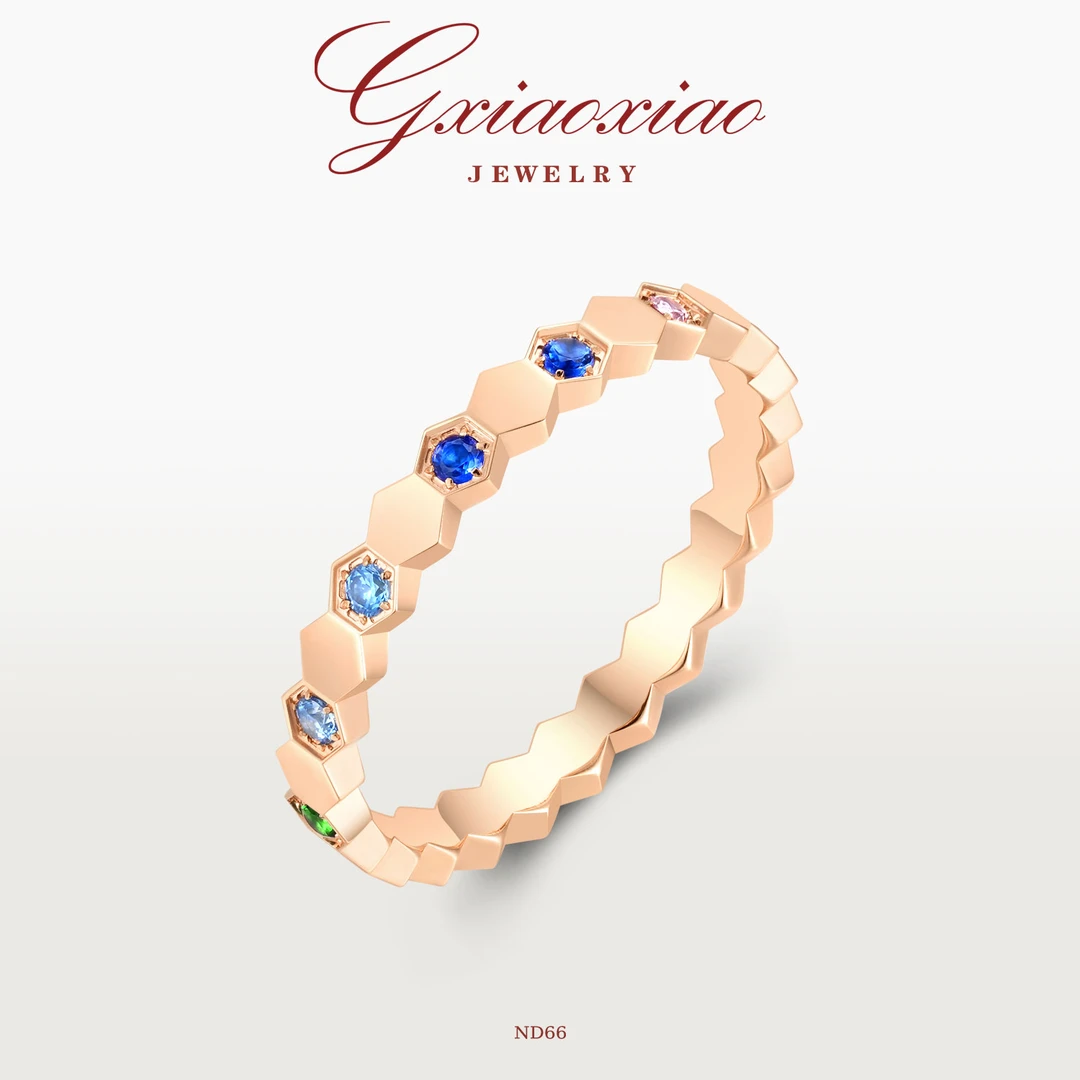 925银 镀K金 间镶法式气质高级彩色蜂巢香槟金色戒指 ND66