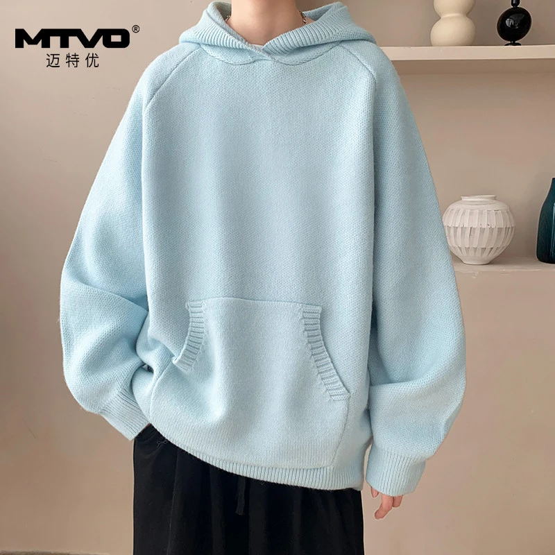MTVO迈特优秋季连帽口袋百搭纯色慵懒风时尚韩版长袖毛衣   90341