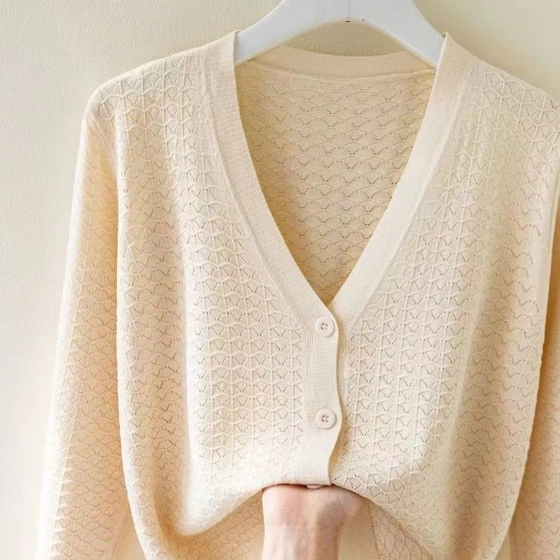 夏季新款时尚休闲针织开衫薄款长袖V领宽松显瘦遮肚减龄百搭外套