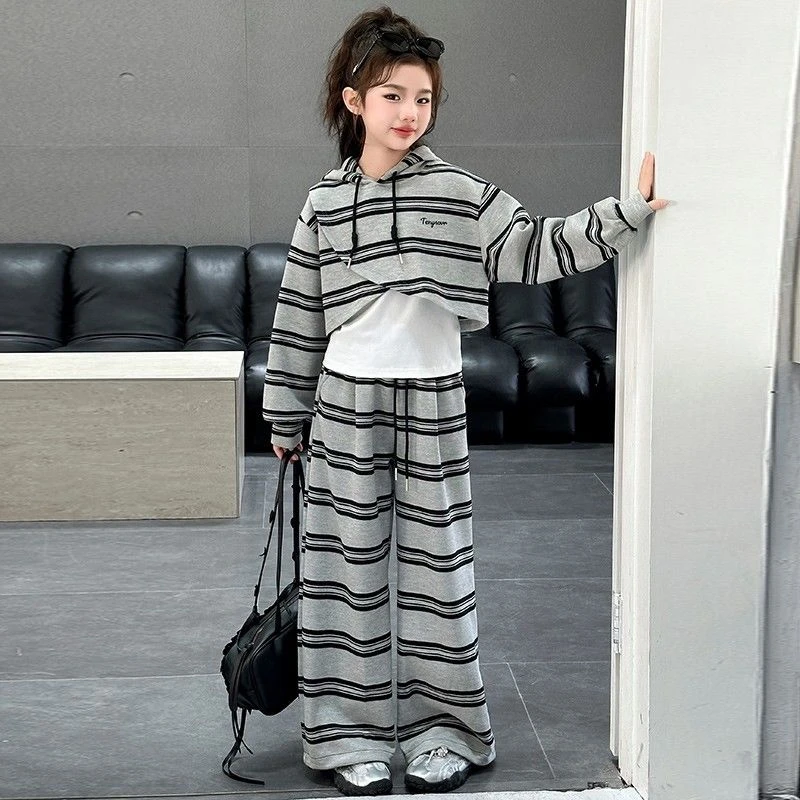 女童时尚套装春秋款中大童2025新款洋气儿童春装卫衣三件套韩版潮