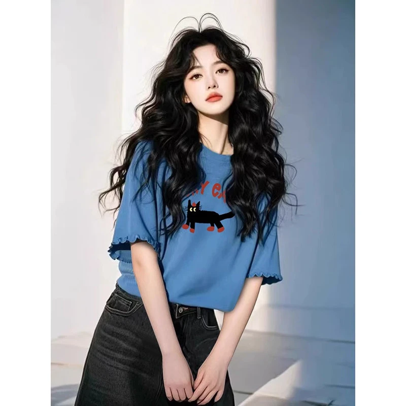 2025夏季独特别致蓝色设计感木耳边拼接上衣宽松显瘦短袖减龄恤