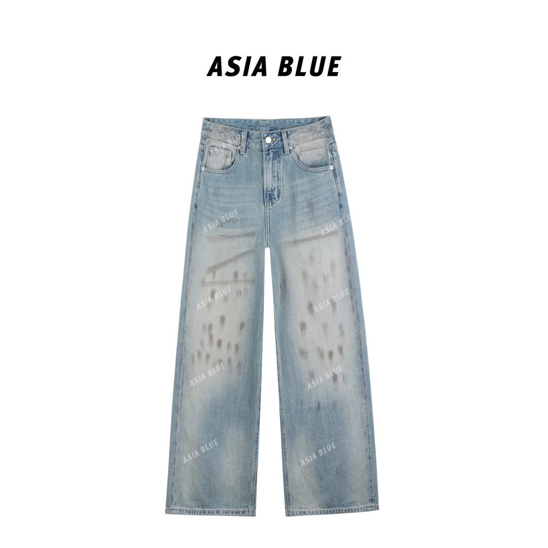 【ASIA BLUE】· 绘里 · 无弹复古做旧脏脏裤九分直筒牛仔裤AB5510