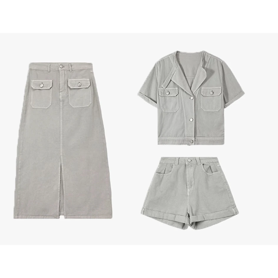 【茶卡盐湖牛仔系列】复古牛仔外套+半身裙+短裤W23AX1074