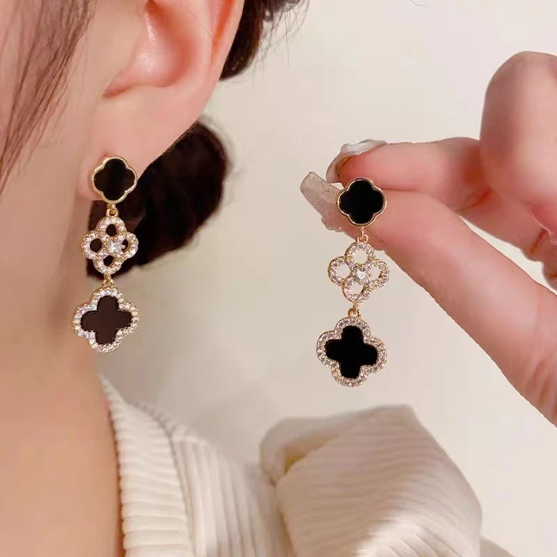 铜合金耳饰 复古气质微镶四叶花精致简约名媛风时尚耳环N1221