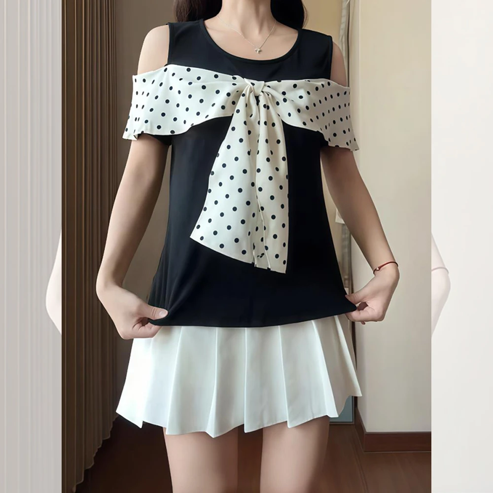 蝴蝶结波点露肩短袖T恤女夏季薄款胖MM大码女装宽松甜美chic上衣