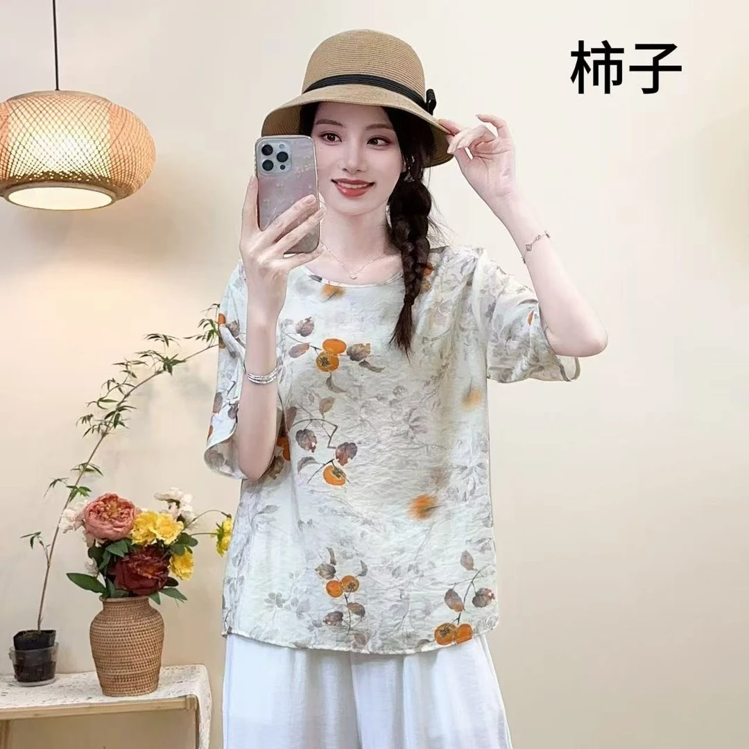 2025新款夏季洋气短袖上衣大码印花中老年女装薄款圆领宽松T恤女