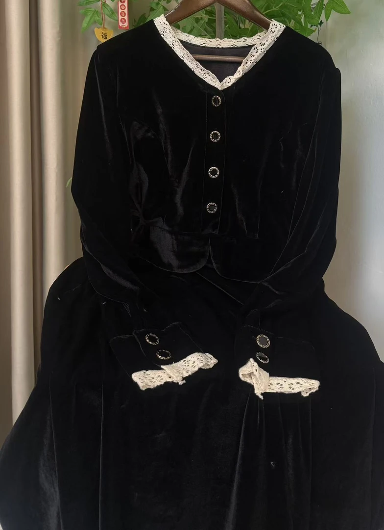 悦季精品（千金）复古百搭连衣裙显瘦立领拼接秋冬长黑色连衣裙