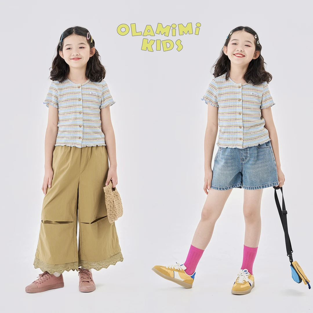 OLAMIMI定制2025夏 亲子活力彩条纹针织圆领开衫修身短袖上衣
