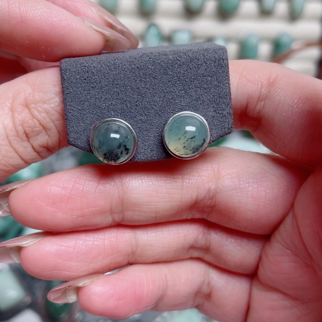 岫玉银S925镶嵌耳钉