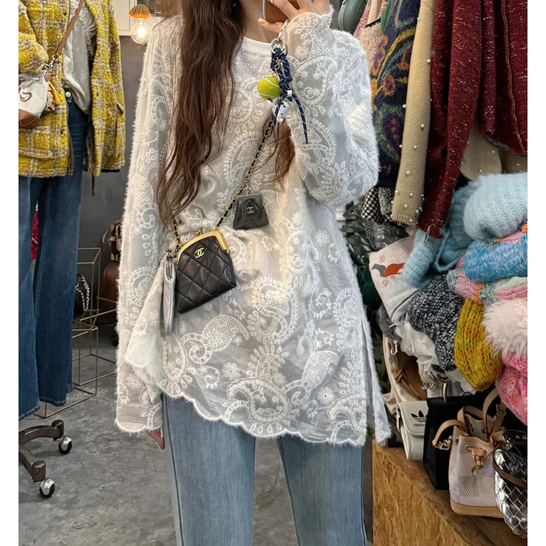 定制款法式2024年秋冬新款气质重工提花刺绣蕾丝磨毛双层衬衣T