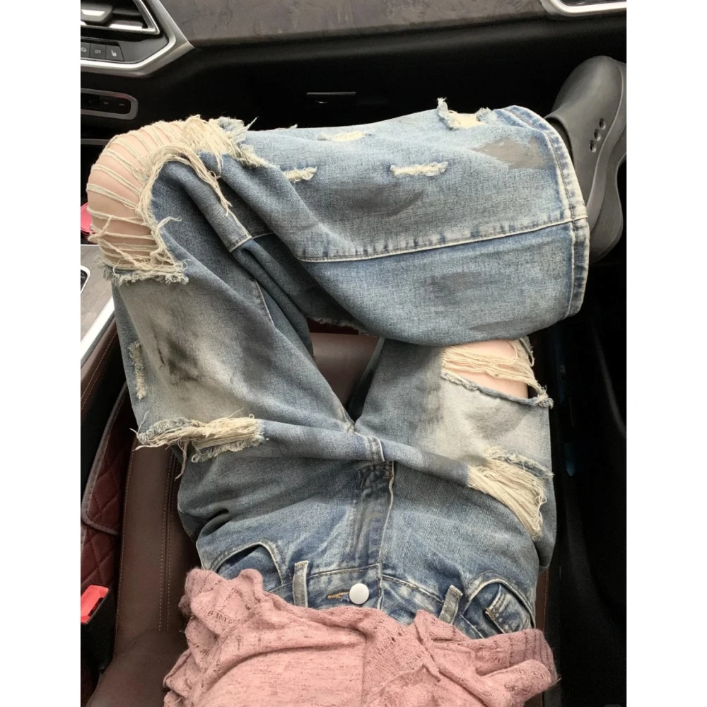 美式复古设计感破洞牛仔裤女2025春夏新款显高显腿直辣妹阔腿裤子
