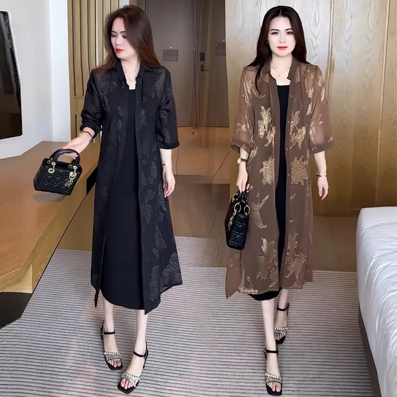 时尚套装裙女士2025夏季新款宽松显瘦中长款防晒外披吊带裙两件套