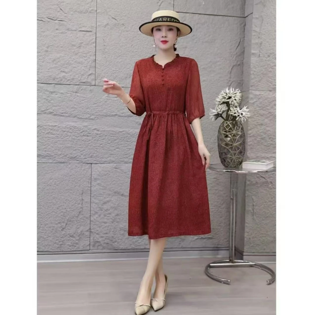 （苏依阁）YL春季新款木耳领~纯色气质时尚收腰连衣裙