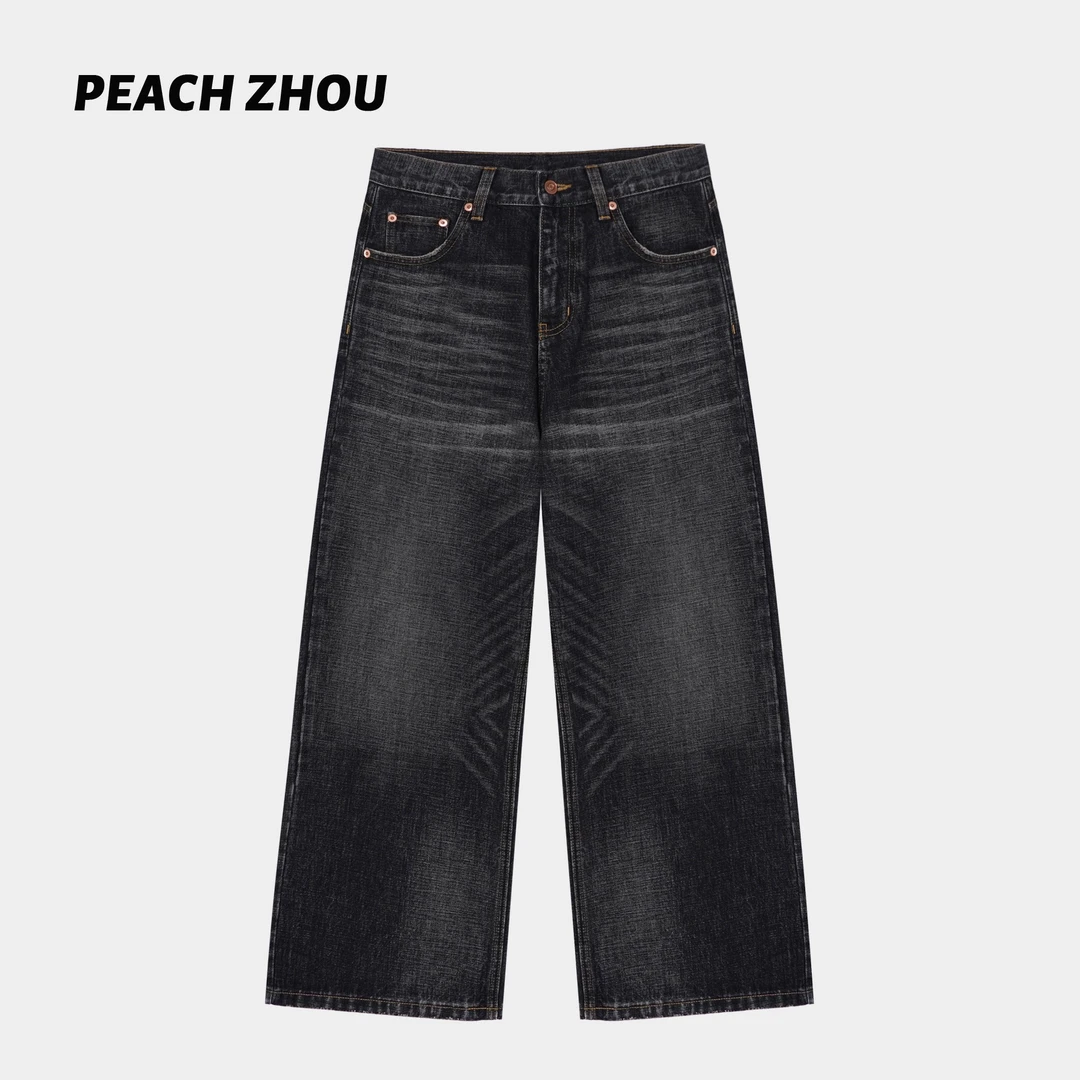 『PEACHZHOU』美国康龙猫须纹水洗黑灰宽松直筒牛仔裤休闲阔腿长裤