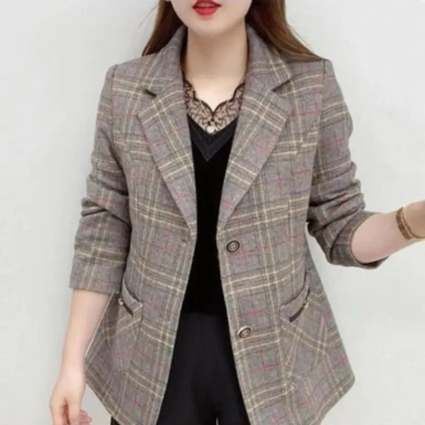 秋季新款长袖外套女时尚格子洋气西装上衣减龄气质百搭中年妈妈装