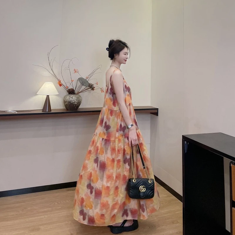 2025夏季新款夏装印花度假长款连衣裙吊带宽松油画背心裙子