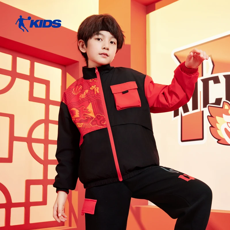2026乔丹童装男童加绒双面穿外套新年装2026新款大童儿童加厚保暖