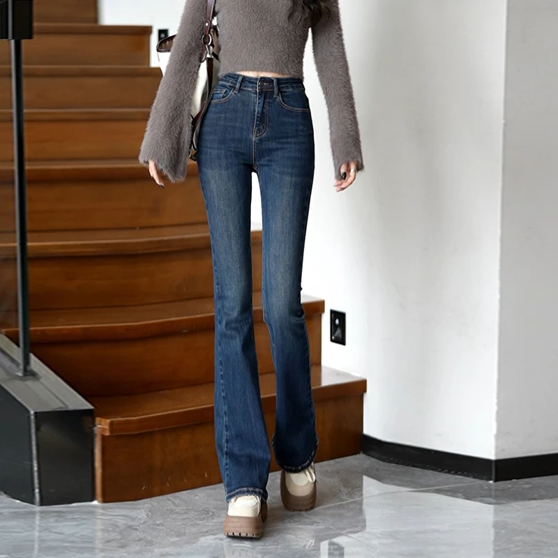 深蓝色弹力微喇牛仔裤女2025春季新款高腰修身显瘦紧身拖地喇叭裤