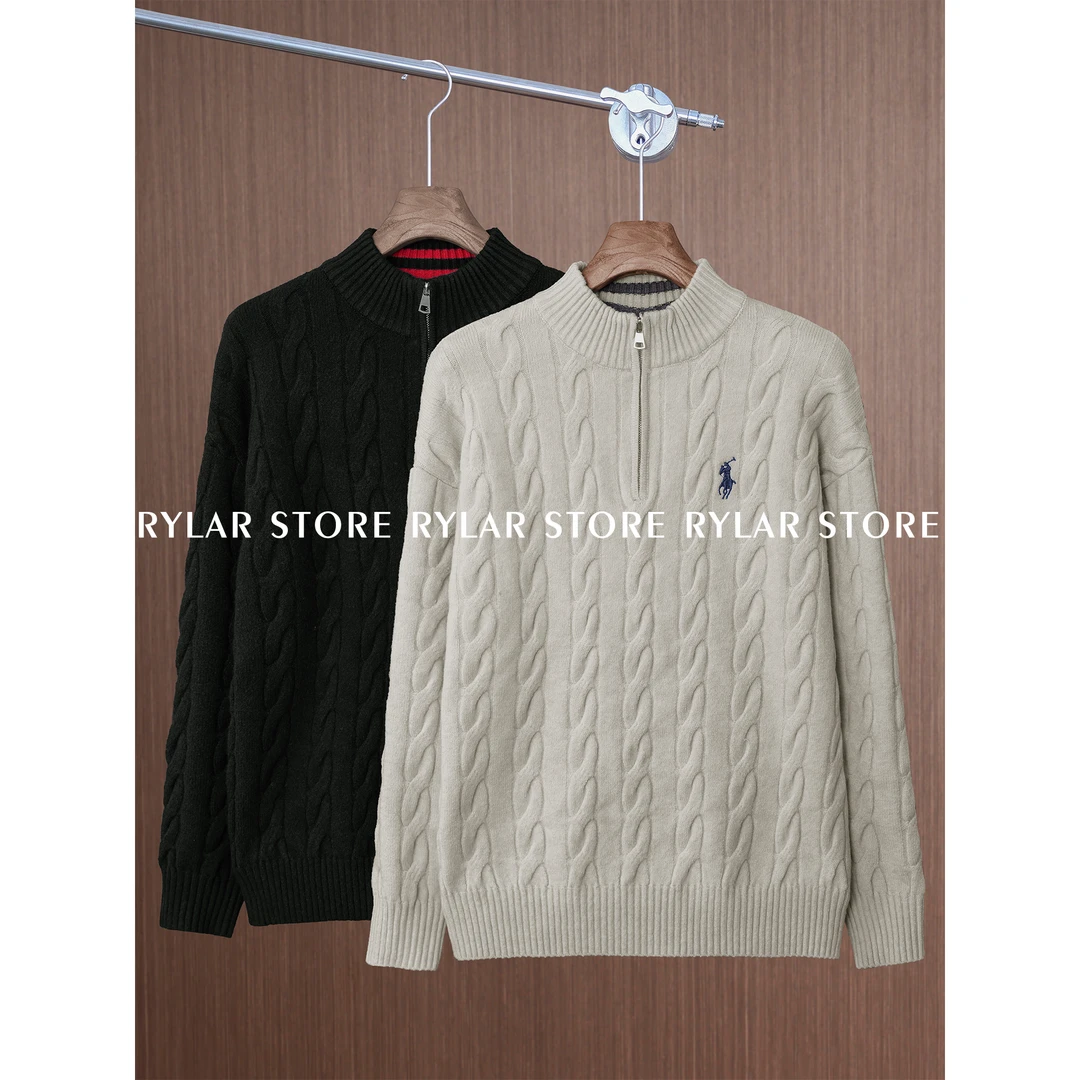 『Rylar』极简风棉羊毛混纺立领宽松半拉链设计绞花编结针织衫