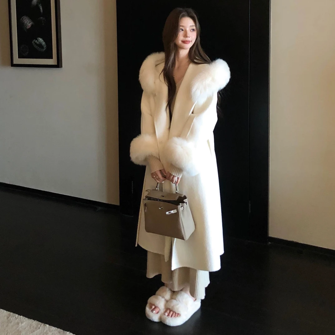 恋冬 新款高级感狐狸大毛领双面羊毛绒连帽大衣入冬长款外套女