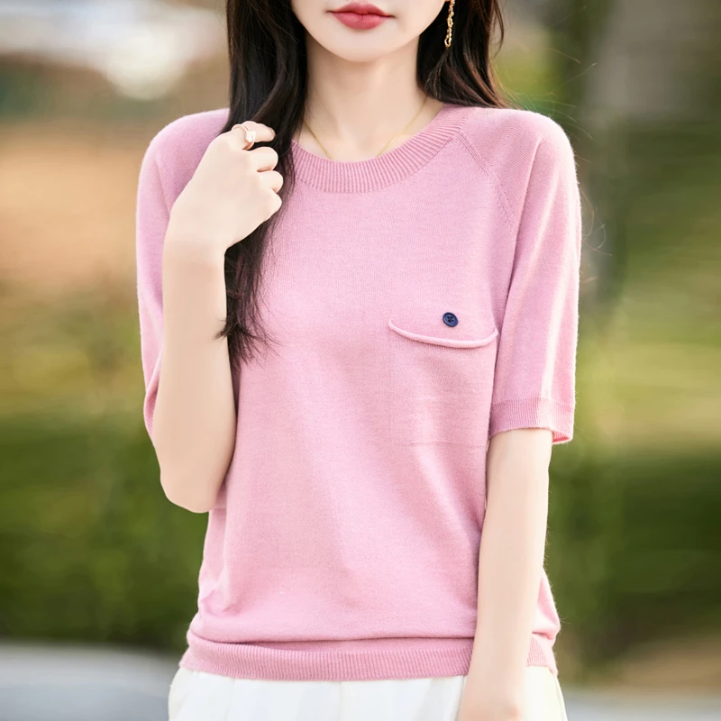 一线成衣圆领针织短袖薄款精纺羊毛女打底衫带兜半袖T恤新款上衣