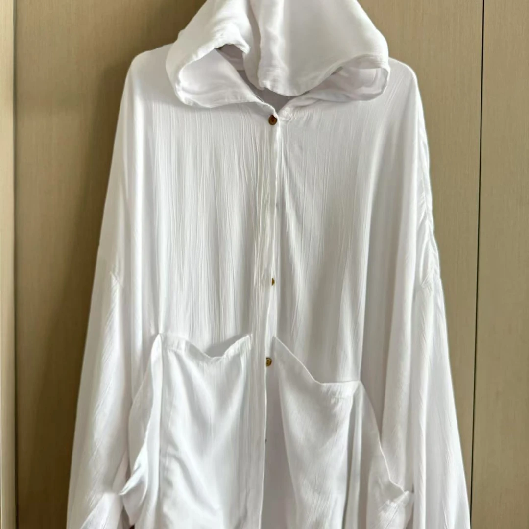 【沐木流浪记】（仰望）白色竖肌理纹时尚百搭连帽四兜女装风衣外套z
